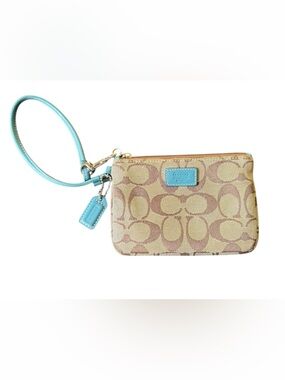 Coach Park Signature Small Wristlet Khaki Lagoon Top Zip Leather Trim Hang Tag